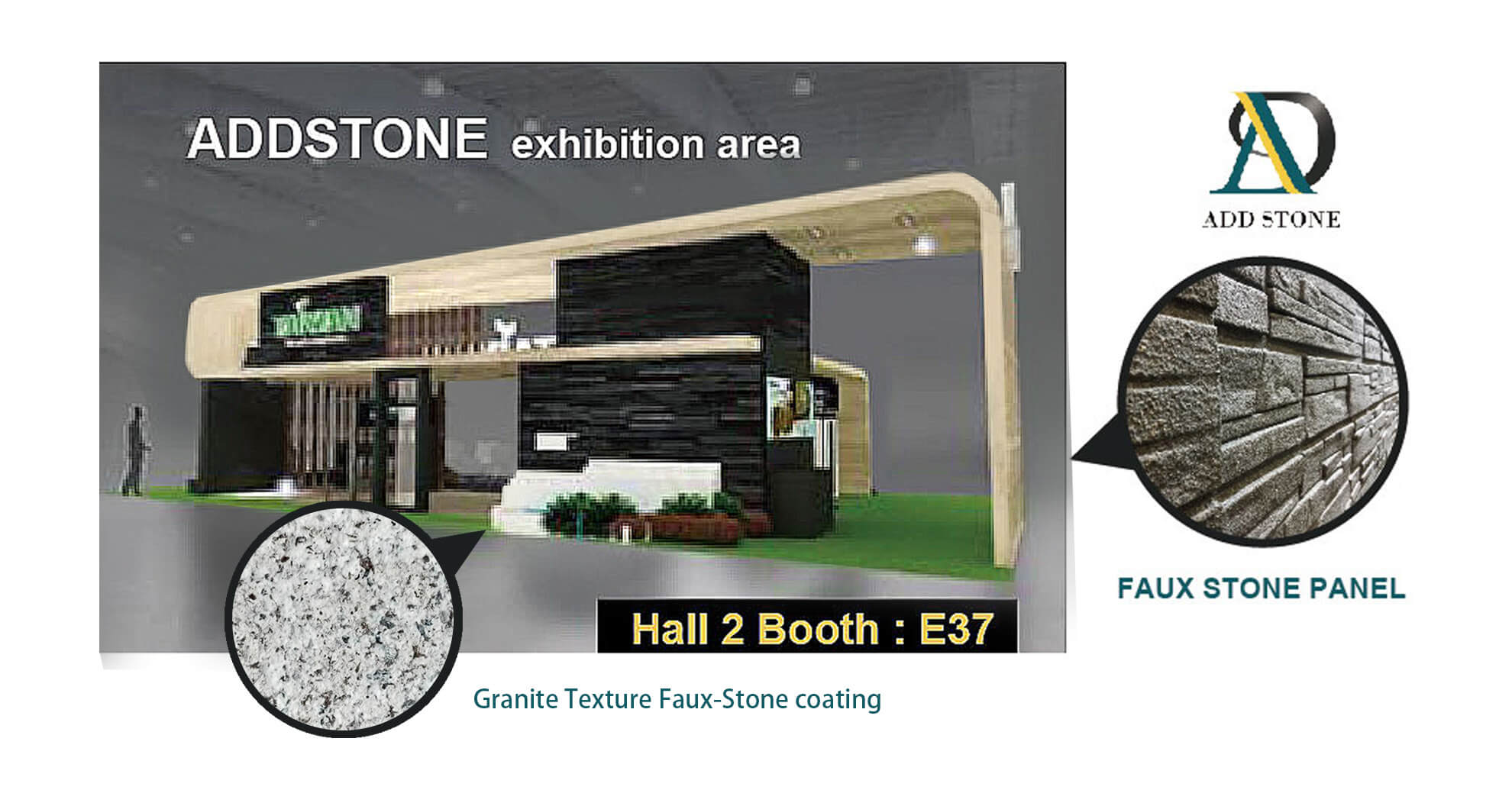 ADD STONE tham gia Triển lãm Vật liệu xây dựng xanh tại Qatar  2019. Vật liệu triễn lãm là sơn giả đá, tấm ốp tường giả đá. Gian hàng E37 , Hội trường 2