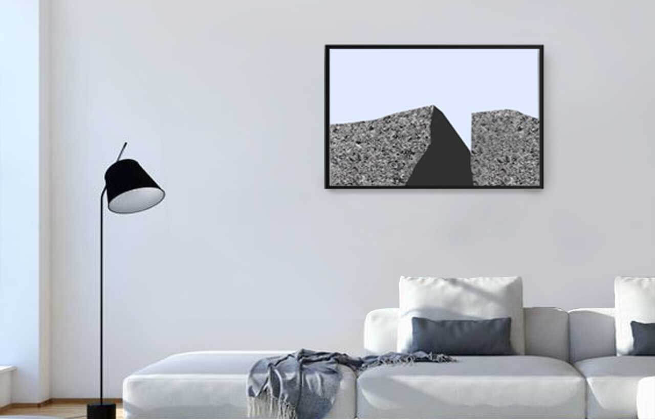 Light violet wall, plain white with a little fragrance. White sofa and light sunset with black light fixture and black granite hanging decoration