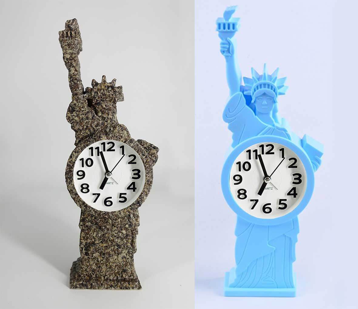 一般的桌上造型塑膠時鐘，覆蓋亞仿石漆後變成類似石雕的樣子
